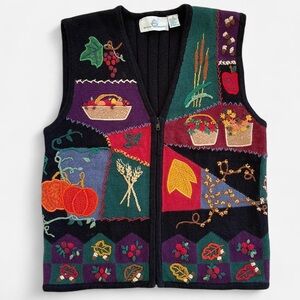 Vintage Design Options Knit Sweater Vest Embroidered Fall Leaves Pumpkins Flower